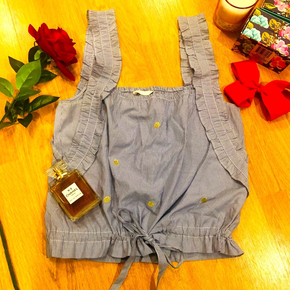 H&M ruffle top with gold apples